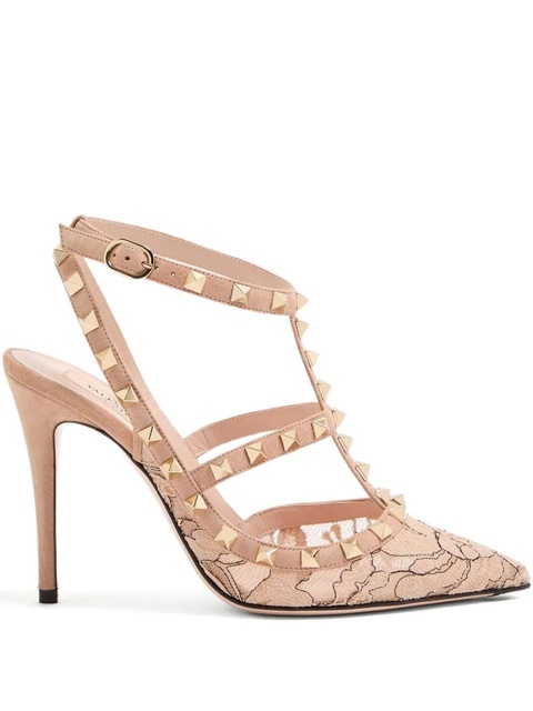 Valentino Garavani 100mm Rockstud Lace strap pumps - Neutrals - zdjęcie produktu nr 1