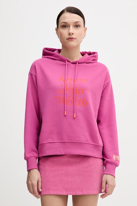 United Colors of Benetton bluza damska kolor różowy z kapturem z nadrukiem 3WNWD201C - zdjęcie produktu nr 1