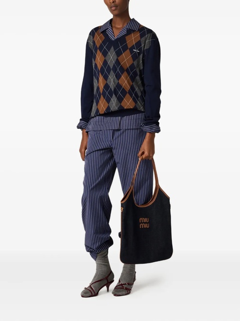 Miu Miu Ivy leather-trimmed denim shoulder bag - Blue - zdjęcie produktu nr 2