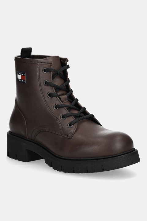 Tommy Jeans botki skórzane TJW LACE UP LEATHER BOOT damskie kolor brązowy na płaskim obcasie EN0EN02824 - zdjęcie produktu nr 1