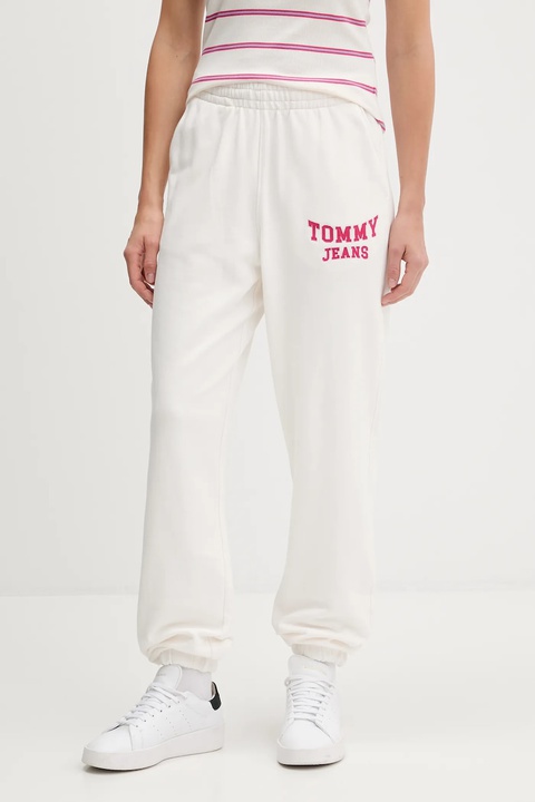Tommy Jeans spodnie dresowe bawełniane damskie kolor beżowy z aplikacją DW0DW22164 - zdjęcie produktu nr 1