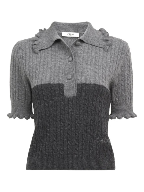 Chloé ruffled cable-knit polo top - Grey - zdjęcie produktu nr 1