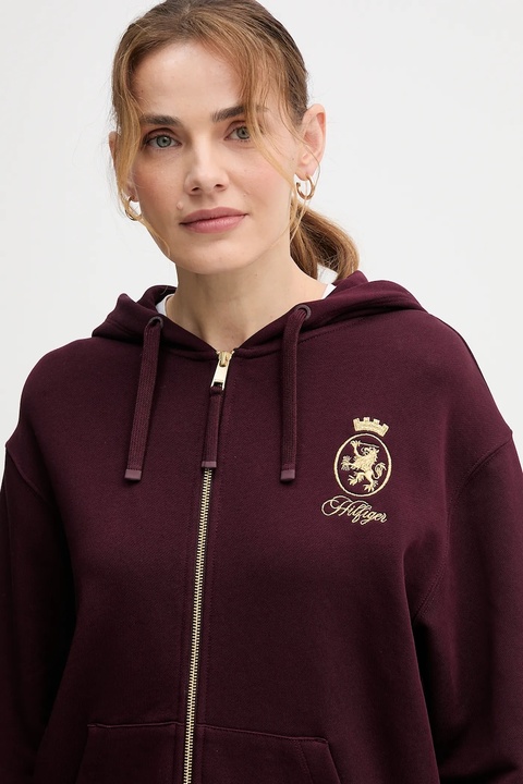 Tommy Hilfiger bluza bawełniana damska kolor bordowy z kapturem z aplikacją WW0WW46126 - zdjęcie produktu nr 2