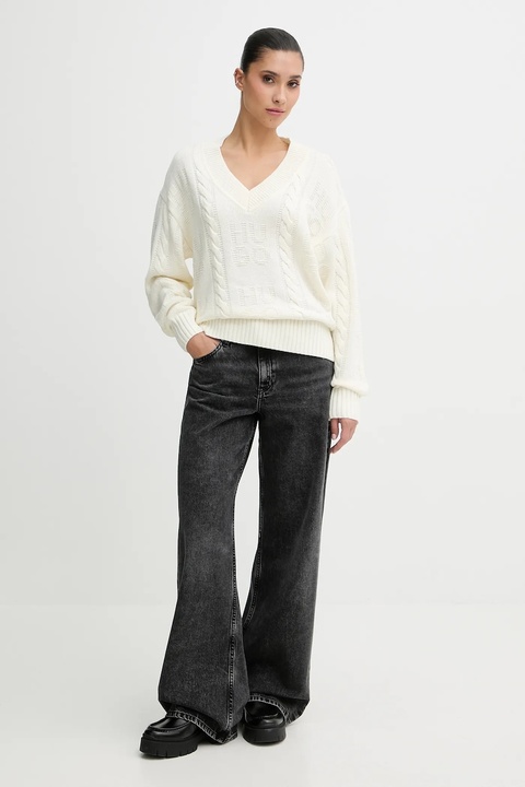 HUGO sweter z dodatkiem wełny damski kolor beżowy 50554075 - zdjęcie produktu nr 2