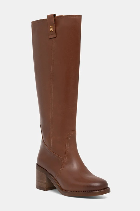 Tommy Hilfiger kozaki skórzane RIDING LTHR LONG BOOT BLOCK HEEL damskie kolor brązowy na słupku FW0FW08777 - zdjęcie produktu nr 1