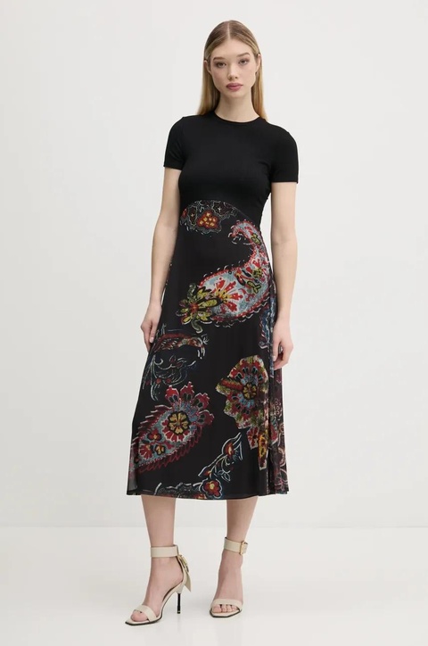 Desigual sukienka PAISLEY MESH_LACROIX kolor czarny midi rozkloszowana 25SWVK32 - zdjęcie produktu nr 1