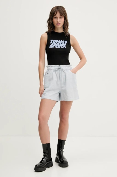 Tommy Jeans szorty z domieszką lnu damskie kolor niebieski wzorzyste high waist DW0DW20360 - zdjęcie produktu nr 2