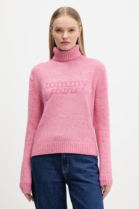 Tommy Jeans sweter z dodatkiem wełny damski kolor różowy z golfem DW0DW21687 - zdjęcie produktu nr 1