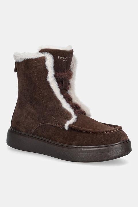 Twinset botki zamszowe damskie kolor brązowy na płaskim obcasie lekko ocieplone 252TGT01C - zdjęcie produktu nr 1
