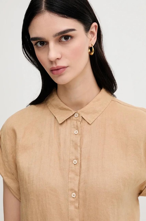 United Colors of Benetton koszula lniana kolor zielony regular z kołnierzykiem klasycznym - zdjęcie produktu nr 2