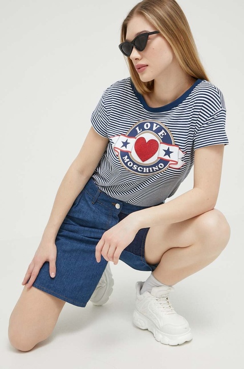 Love Moschino szorty jeansowe damskie kolor niebieski wzorzyste high waist - zdjęcie produktu nr 1