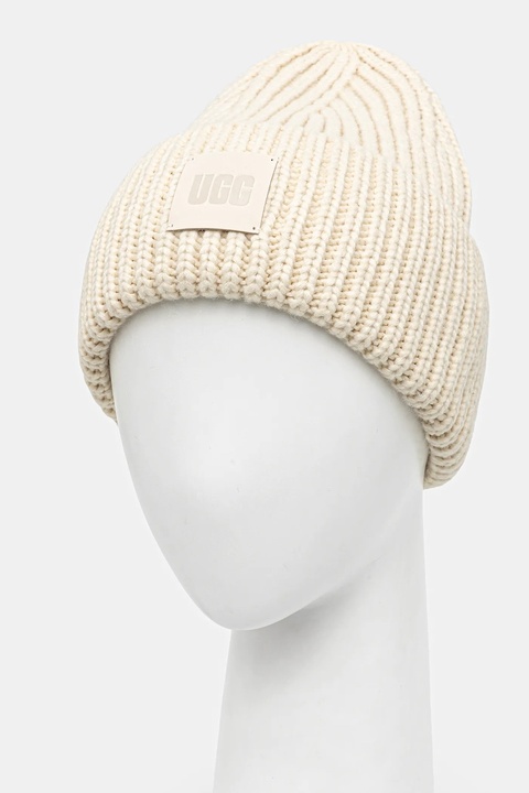 UGG czapka z domieszką wełny kolor beżowy z grubej dzianiny 20061 - zdjęcie produktu nr 2