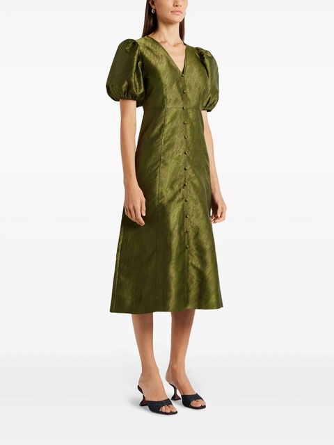 GANNI jacquard puff-sleeve midi dress - Green - zdjęcie produktu nr 2