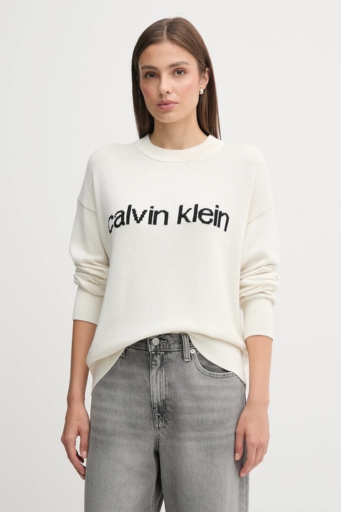 Calvin Klein Jeans sweter bawełniany damski kolor beżowy lekki LV047C311G - zdjęcie produktu nr 1