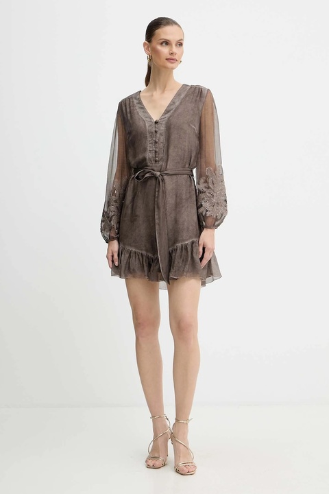 Guess sukienka z dodatkiem jedwabiu CAMILLA kolor brązowy mini prosta W5BK76 WE550 - zdjęcie produktu nr 2