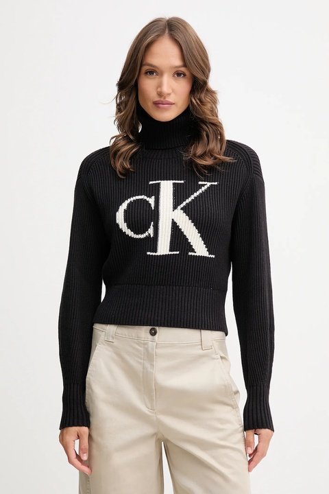 Calvin Klein Jeans sweter bawełniany damski kolor czarny ciepły z golfem LV047D349G - zdjęcie produktu nr 1
