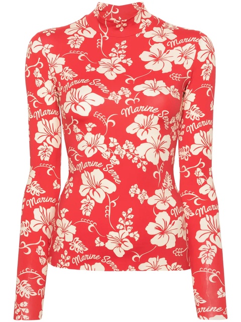 Marine Serre botanical-print high-neck T-shirt - Red - zdjęcie produktu nr 1
