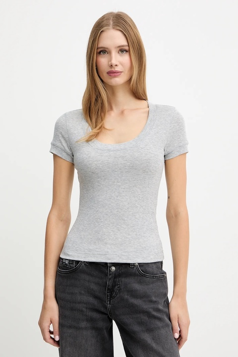 Guess t-shirt z domieszką jedwabiu TINA kolor szary W5YP11 KCNH2 - zdjęcie produktu nr 1