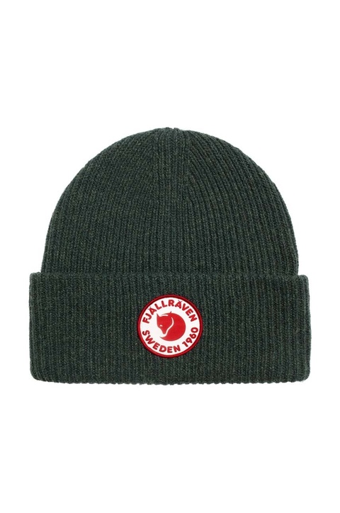 Fjallraven czapka wełniana 1967 Logo kolor zielony z grubej dzianiny wełniana - zdjęcie produktu nr 2