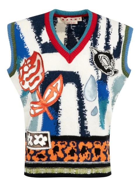 Marni floral-applique V-neck sweater - Blue - zdjęcie produktu nr 1