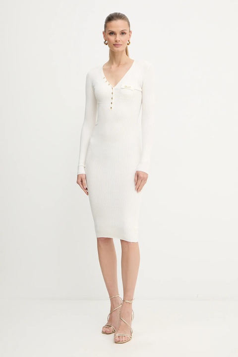 Elisabetta Franchi sukienka z dodatkiem jedwabiu kolor beżowy mini dopasowana AM10B56E2 - zdjęcie produktu nr 1