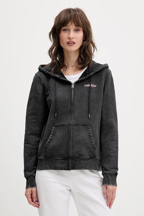 Guess Jeans bluza bawełniana damska kolor szary z kapturem z nadrukiem W5BQ14 KCPR1 - zdjęcie produktu nr 1