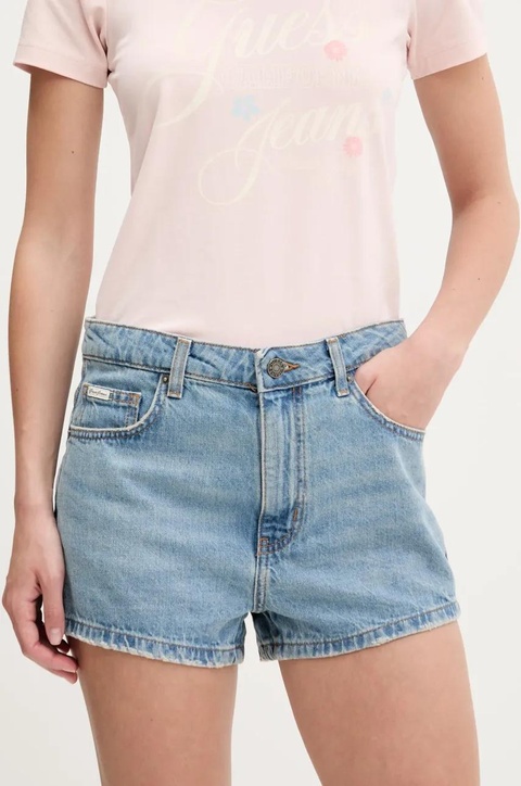 Guess Jeans szorty jeansowe damskie kolor niebieski gładkie high waist W5GD0Y D5O14 - zdjęcie produktu nr 1