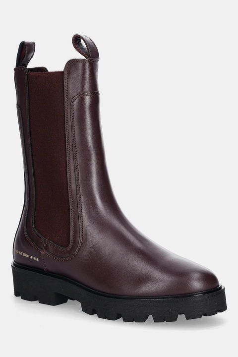 Tommy Hilfiger sztyblety skórzane TH LTHR MID CHELSEA damskie kolor bordowy na płaskim obcasie FW0FW08770 - zdjęcie produktu nr 1