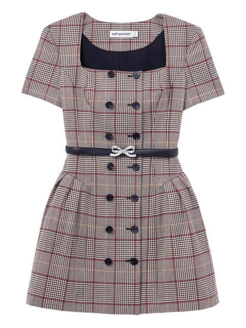 Self-Portrait checked short sleeve mini dress - Neutrals - zdjęcie produktu nr 1