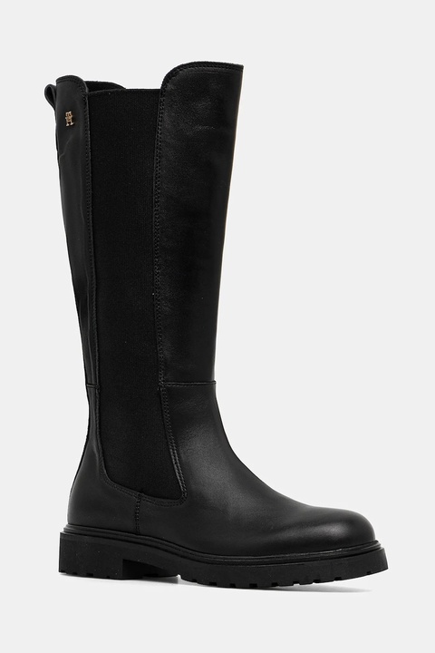 Tommy Hilfiger kozaki skórzane TH LTHR CLEATED LONG BOOT damskie kolor czarny na płaskim obcasie FW0FW08985 - zdjęcie produktu nr 1