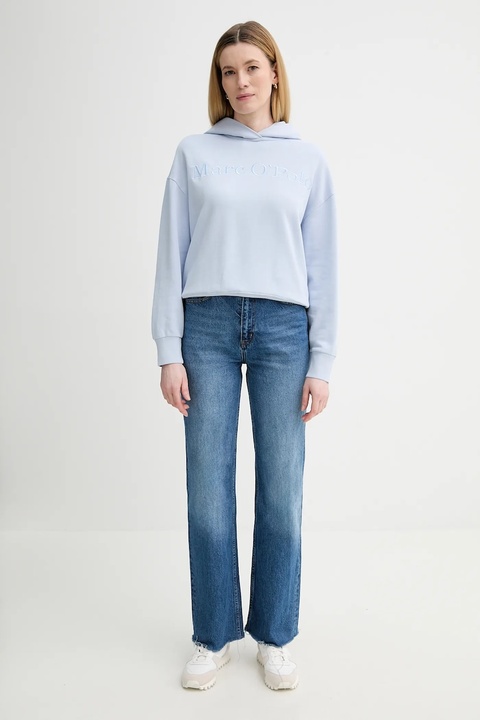 Marc O'Polo bluza bawełniana damska kolor niebieski z kapturem z aplikacją 600407354165 - zdjęcie produktu nr 1