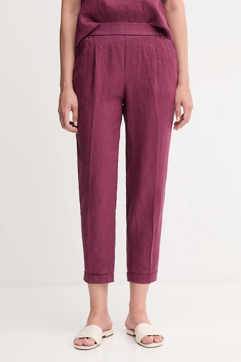 United Colors of Benetton spodnie lniane damskie kolor fioletowy proste high waist 4AGHDF079 - zdjęcie produktu nr 1