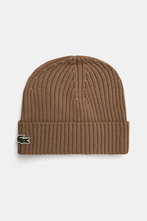 Lacoste czapka wełniana kolor brązowy z cienkiej dzianiny wełniana RB0001 - zdjęcie produktu nr 1