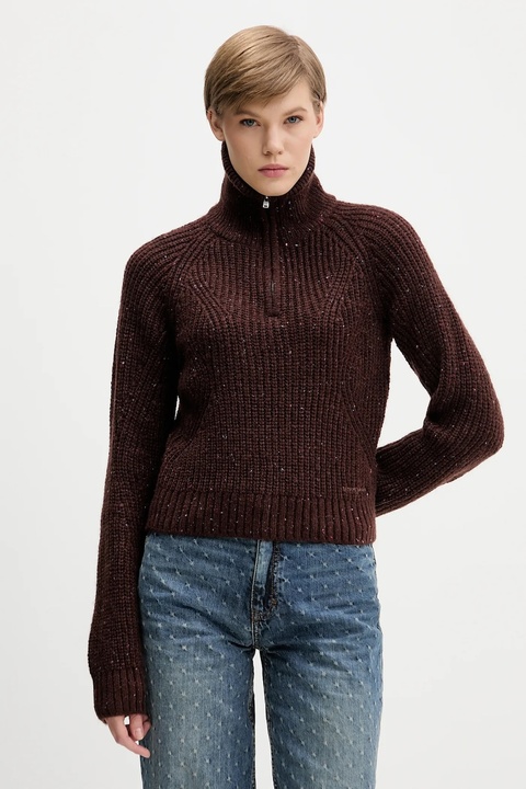 Tommy Jeans sweter z dodatkiem wełny damski kolor brązowy ciepły z golfem DW0DW21686 - zdjęcie produktu nr 1