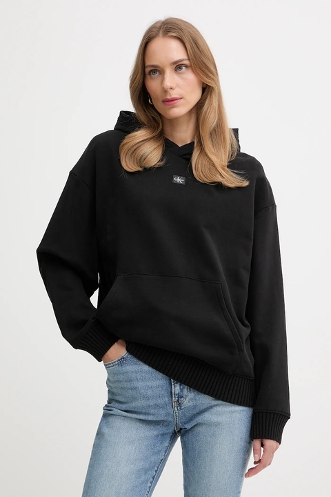 Calvin Klein Jeans bluza bawełniana damska kolor czarny z kapturem gładka LV047D232G - zdjęcie produktu nr 1