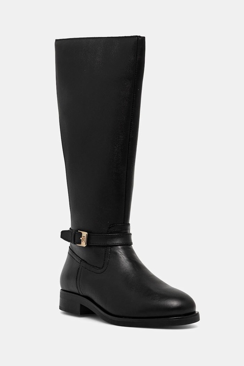 Tommy Hilfiger kozaki skórzane TH BUCKLE RIDING LTHR LONG BOOT damskie kolor czarny na płaskim obcasie FW0FW08873 - zdjęcie produktu nr 1
