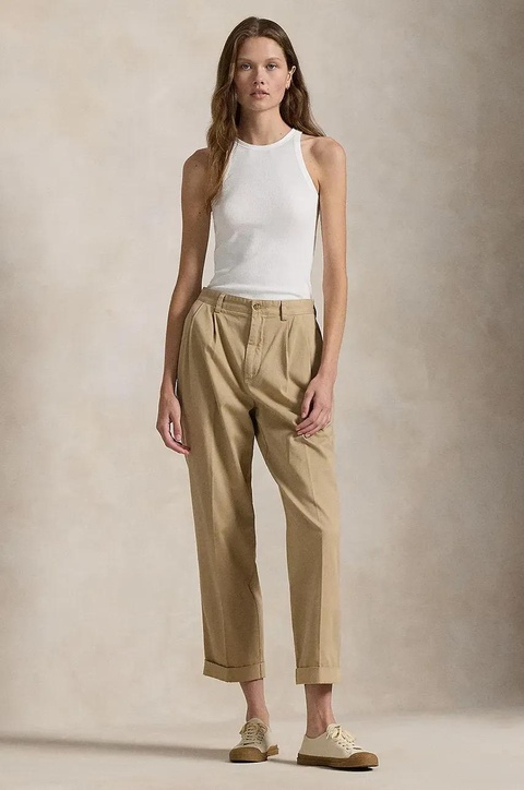 Polo Ralph Lauren spodnie bawełniane kolor beżowy szerokie medium waist 211909520 - zdjęcie produktu nr 1