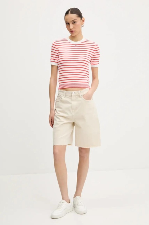 Tommy Jeans szorty jeansowe damskie kolor beżowy gładkie high waist DW0DW21646 - zdjęcie produktu nr 2