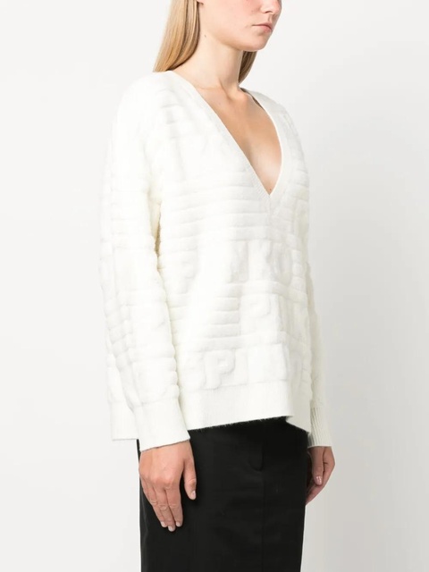 PINKO intarsia-knit logo V-neck jumper - White - zdjęcie produktu nr 1