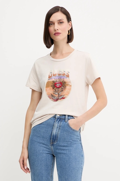 Guess t-shirt bawełniany damski kolor beżowy W5YI32 K9RM1 - zdjęcie produktu nr 1