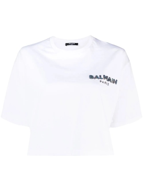 Balmain printed logo cropped T-shirt - White - zdjęcie produktu nr 1