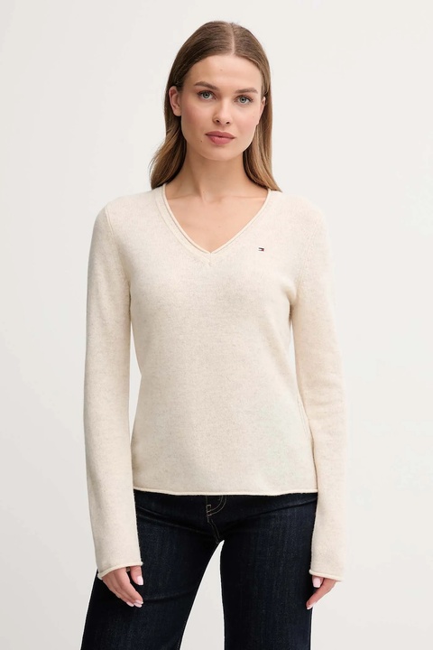 Tommy Hilfiger sweter wełniany damski kolor beżowy lekki WW0WW43505 - zdjęcie produktu nr 1
