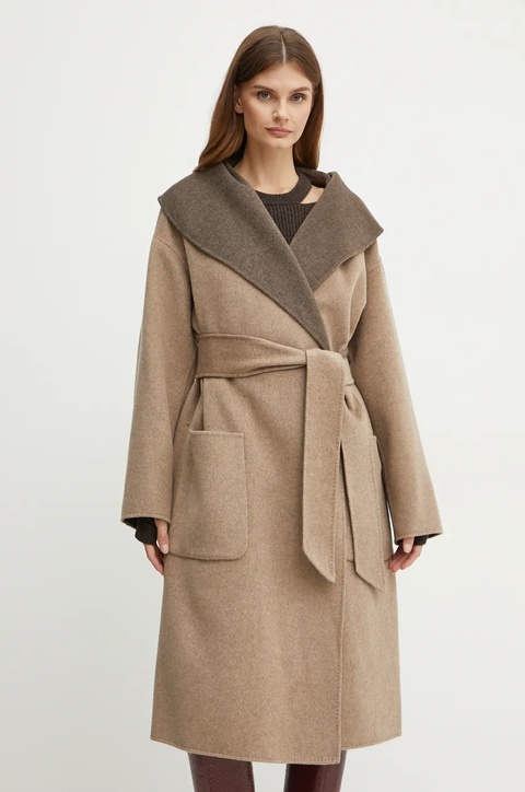 Karl Lagerfeld płaszcz wełniany dwustronny kolor beżowy przejściowy oversize 246W1502 - zdjęcie produktu nr 1