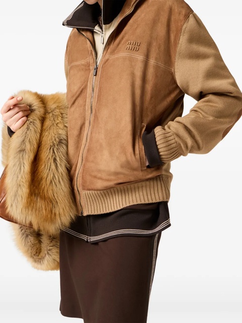 Miu Miu suede-insert ribbed cardigan - Brown - zdjęcie produktu nr 2