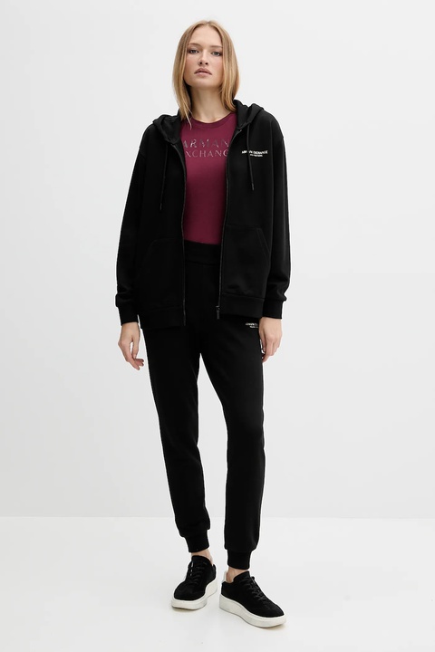 Armani Exchange bluza bawełniana damska kolor czarny z kapturem gładka XW001452 AF10830 - zdjęcie produktu nr 2