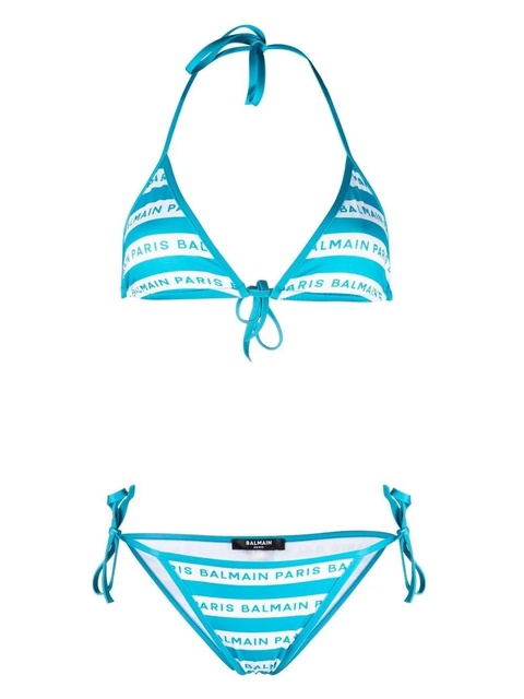 Balmain striped logo-print halterneck bikini - Blue - zdjęcie produktu nr 1