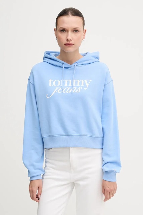 Tommy Jeans bluza bawełniana damska kolor niebieski z kapturem z nadrukiem DW0DW20306 - zdjęcie produktu nr 1