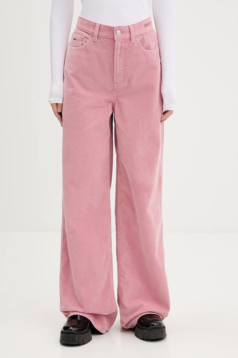 Tommy Jeans spodnie sztruksowe damskie kolor różowy dzwony high waist DW0DW21700 - zdjęcie produktu nr 1