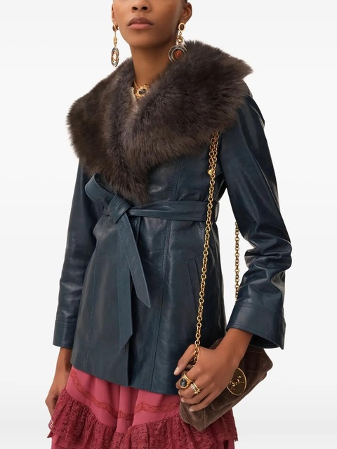 Chloé fur-trimmed belted leather coat - 43D BLUE - zdjęcie produktu nr 2
