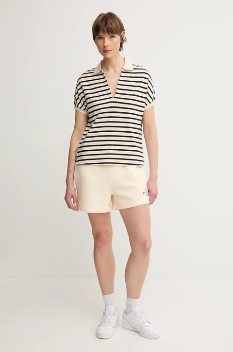 Tommy Hilfiger szorty bawełniane damskie kolor beżowy z aplikacją high waist WW0WW45518 - zdjęcie produktu nr 2